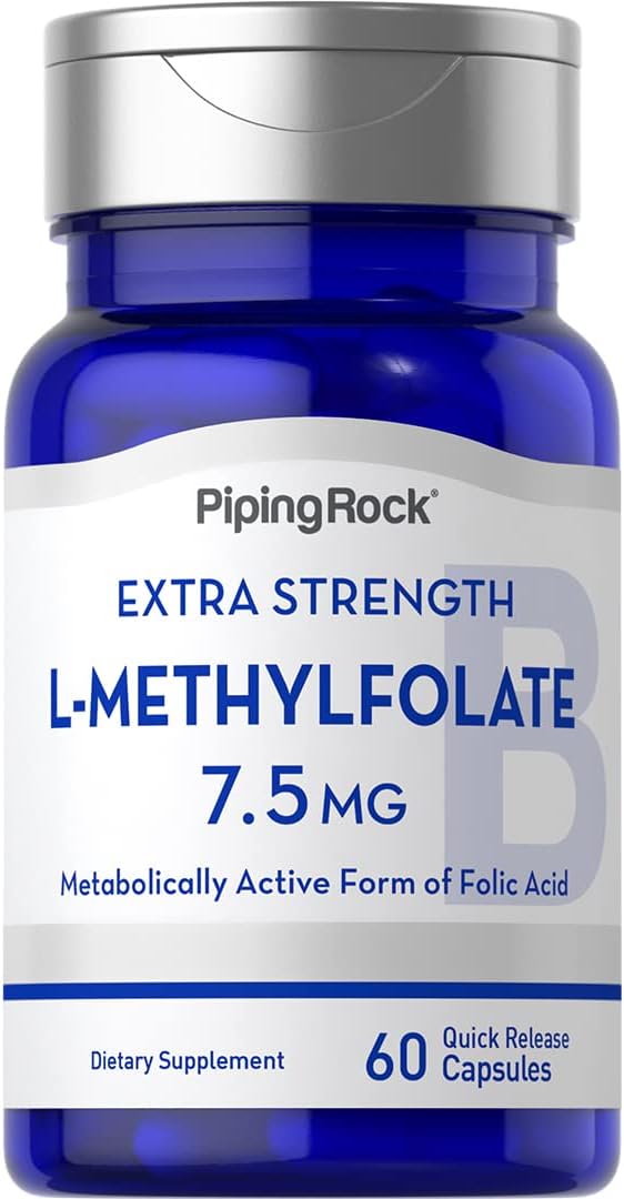Extra Strength Piping Rock L-Methylfolate 7.5 mg Capsules - Active Folic Acid Supplement, Non-GMO & Gluten Free - 60 Count