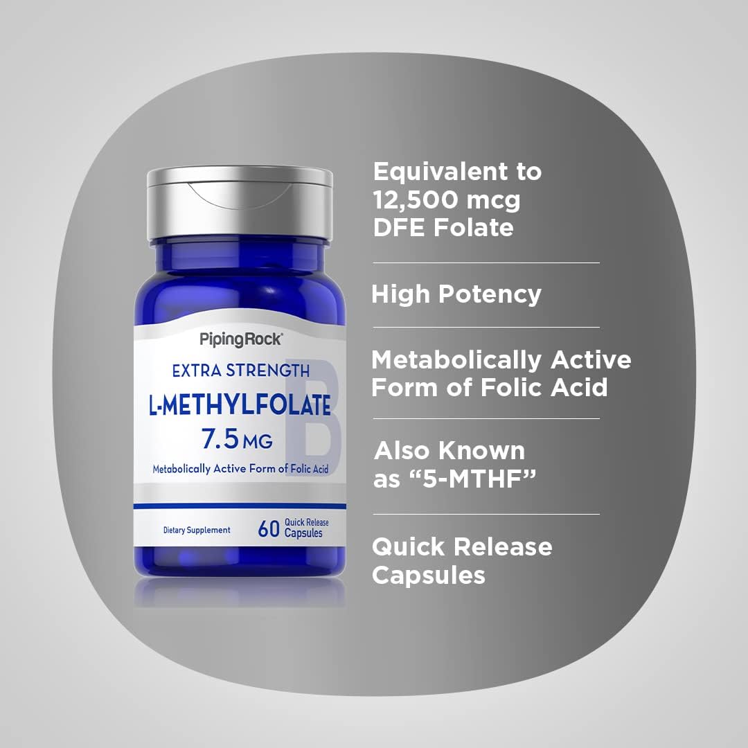 Extra Strength Piping Rock L-Methylfolate 7.5 mg Capsules - Active Folic Acid Supplement, Non-GMO & Gluten Free - 60 Count