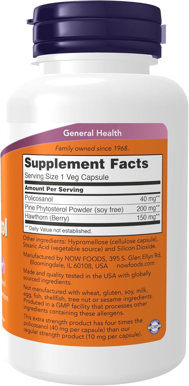 Extra Strength Policosanol 40mg with Pine Plant Sterols and Hawthorn 90 Veg Capsules by NOW Foods