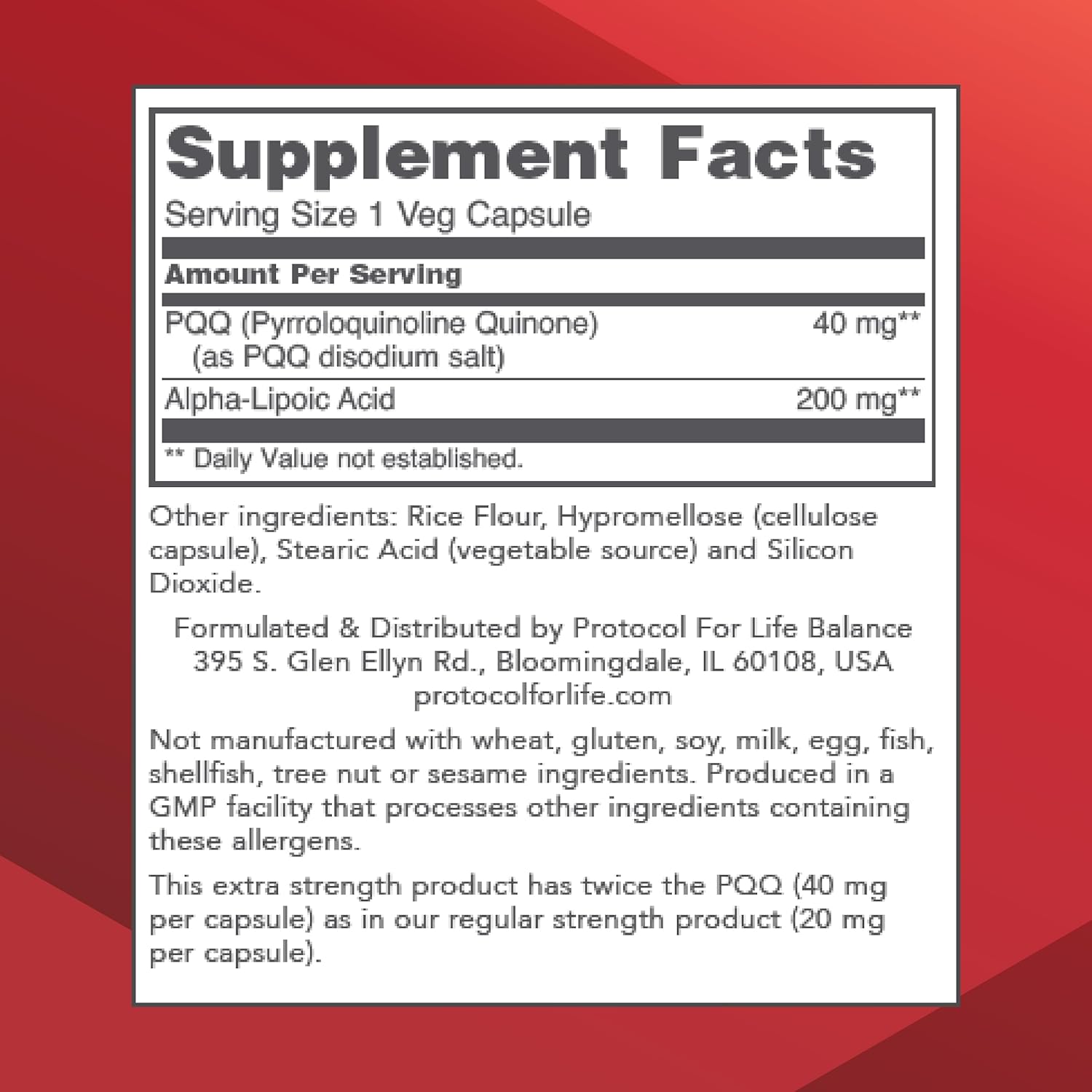 Extra Strength Protocol PQQ 40mg Heart Health Supplement with Alpha-Lipoic Acid - Non-GMO & Kosher - 50 Veg Caps - Men & Women