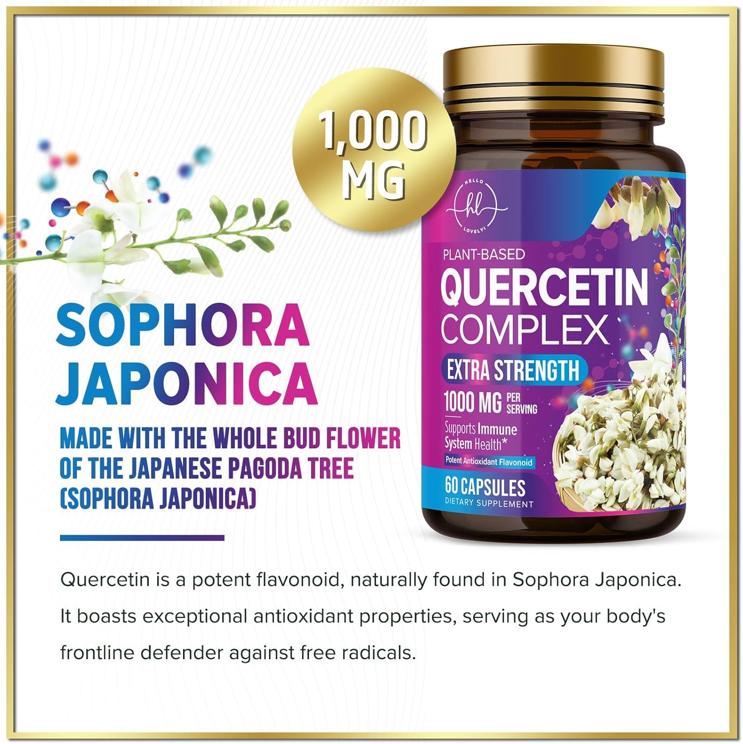 Extra Strength Quercetin 500mg Capsules - Supports Immune & Heart Health - Antioxidant & Respiratory Support - Gluten Free - Non-GMO - 60 Capsules