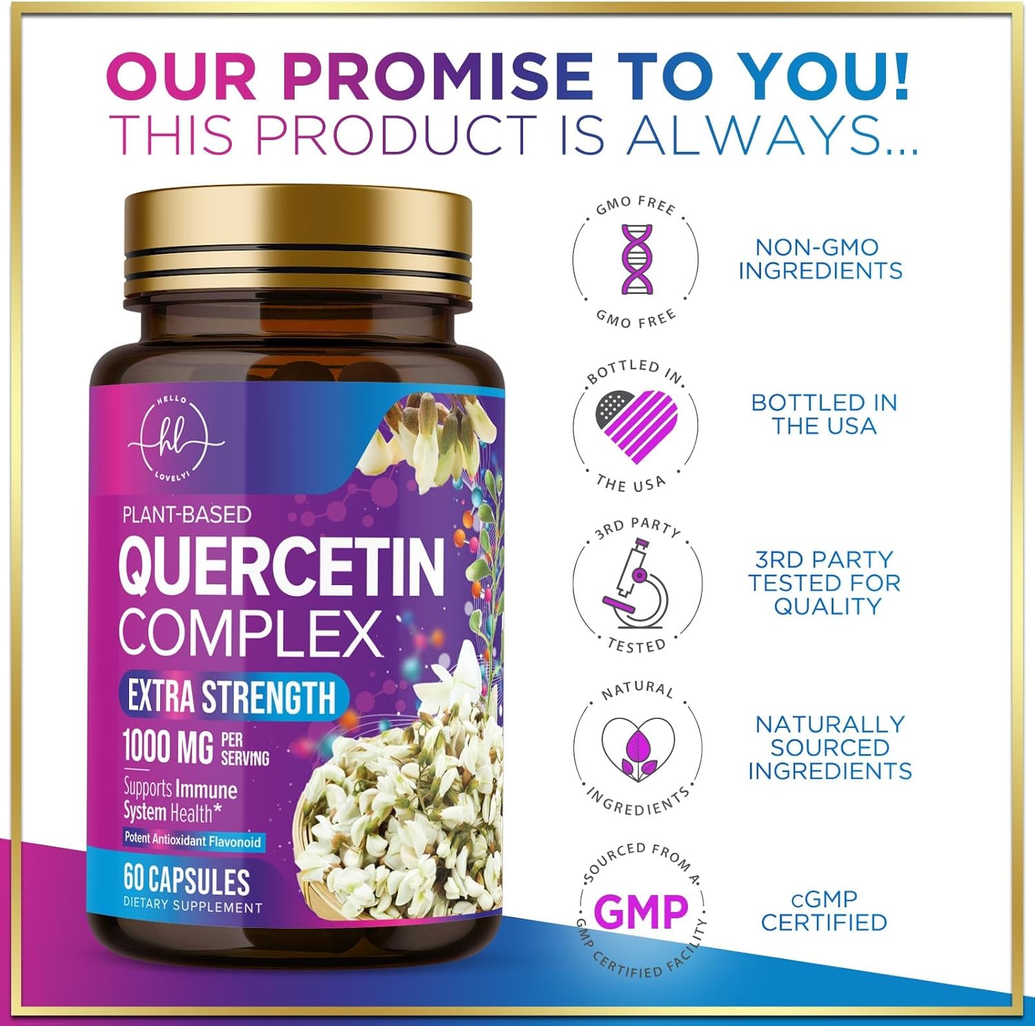 Extra Strength Quercetin 500mg Capsules - Supports Immune & Heart Health - Antioxidant & Respiratory Support - Gluten Free - Non-GMO - 60 Capsules