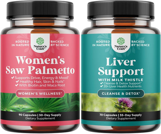 Extra Strength Saw Palmetto & Liver Detox Bundle for Women - Hair Loss Vitamins & Liver Cleanse Formula - DHT Blocker Hair Thickening - 70 Capsules