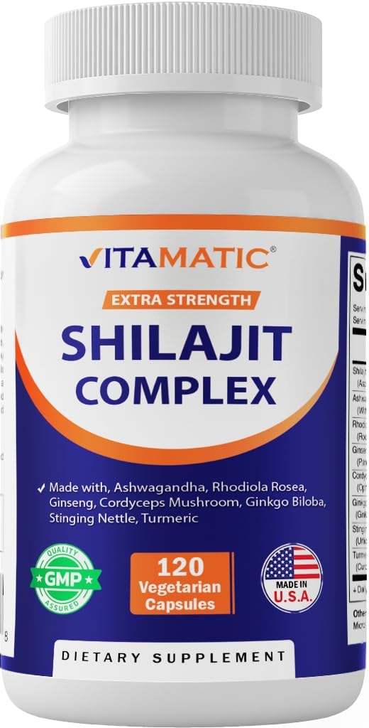 Extra Strength Shilajit Complex Capsules with Ashwagandha, Rhodiola, Ginseng, Cordyceps, Ginkgo, Nettle, Turmeric - 120 Veggie Capsules for Men & Women