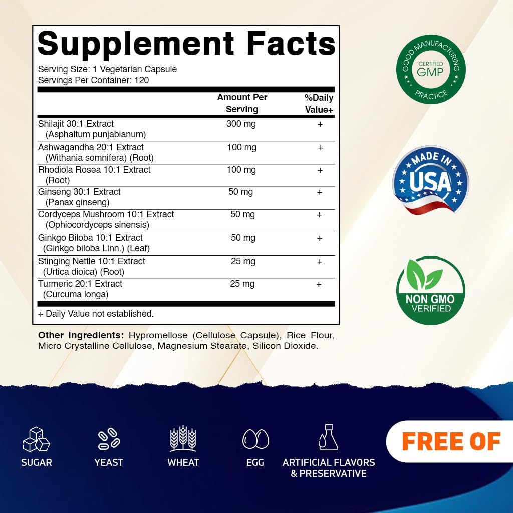 Extra Strength Shilajit Complex Capsules with Ashwagandha, Rhodiola, Ginseng, Cordyceps, Ginkgo, Nettle, Turmeric - 120 Veggie Capsules for Men & Women