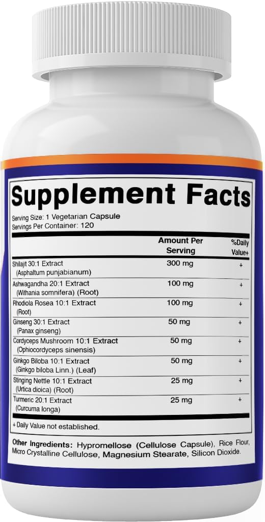 Extra Strength Shilajit Complex Capsules with Ashwagandha, Rhodiola, Ginseng, Cordyceps, Ginkgo, Nettle, Turmeric - 120 Veggie Capsules for Men & Women