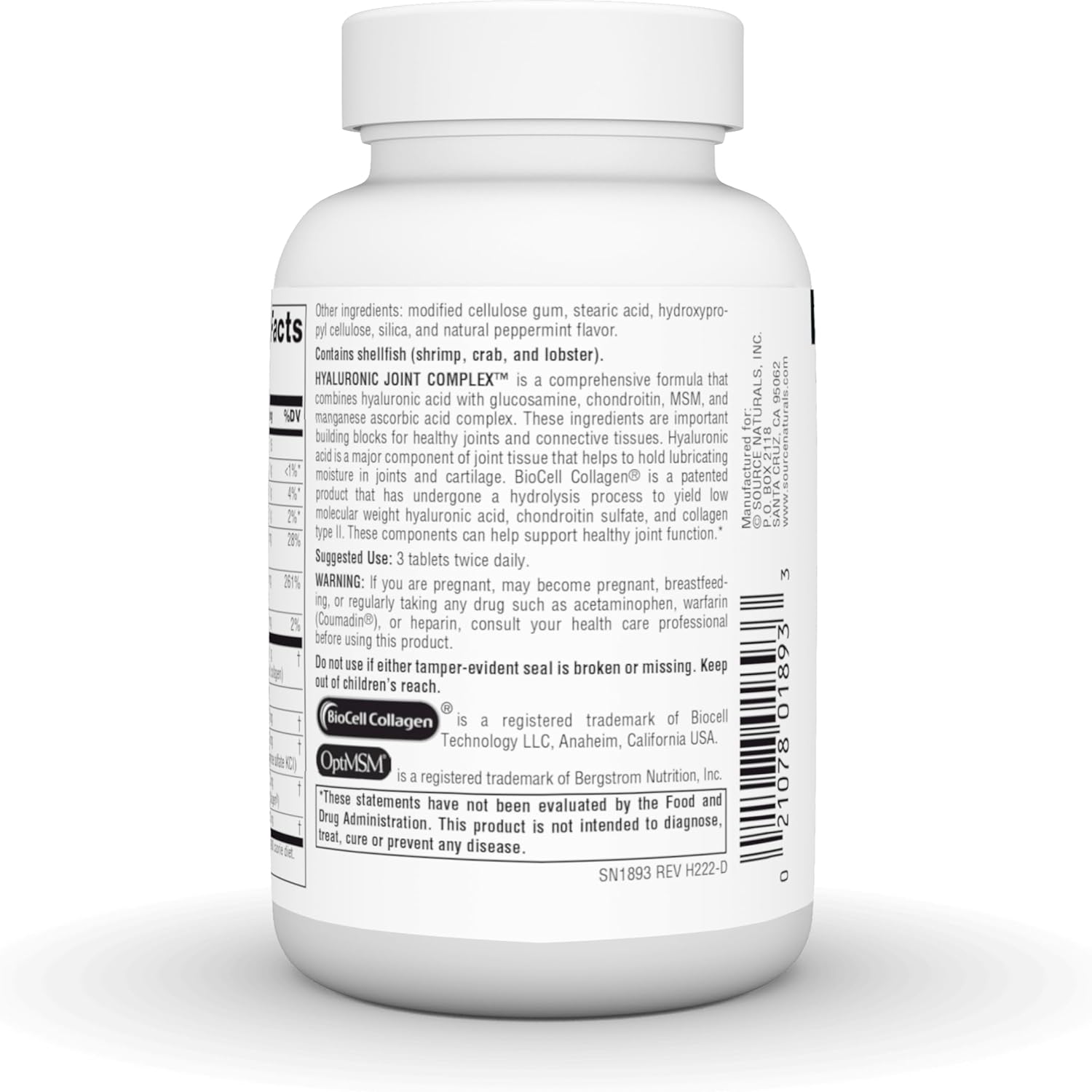 Extra Strength Source Naturals Hyaluronic Joint Complex Tablets with Glucosamine, Chondroitin & MSM - 60 Count