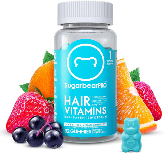 Extra Strength SugarbearPro Hair Vitamin Gummies - 1 Month Supply with Biotin 6000mcg for Men & Women, Vegan B12, MSM, Inositol, Omega 3, Elderberry - Certified Kosher, Halal, Cruelty-Free