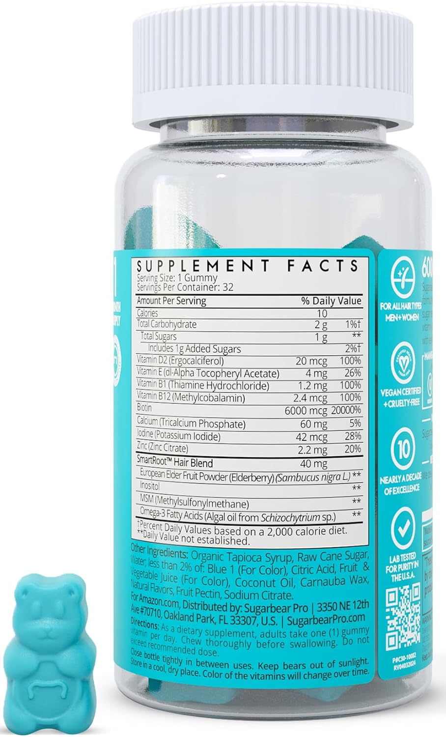 Extra Strength SugarbearPro Hair Vitamin Gummies - 1 Month Supply with Biotin 6000mcg for Men & Women, Vegan B12, MSM, Inositol, Omega 3, Elderberry - Certified Kosher, Halal, Cruelty-Free