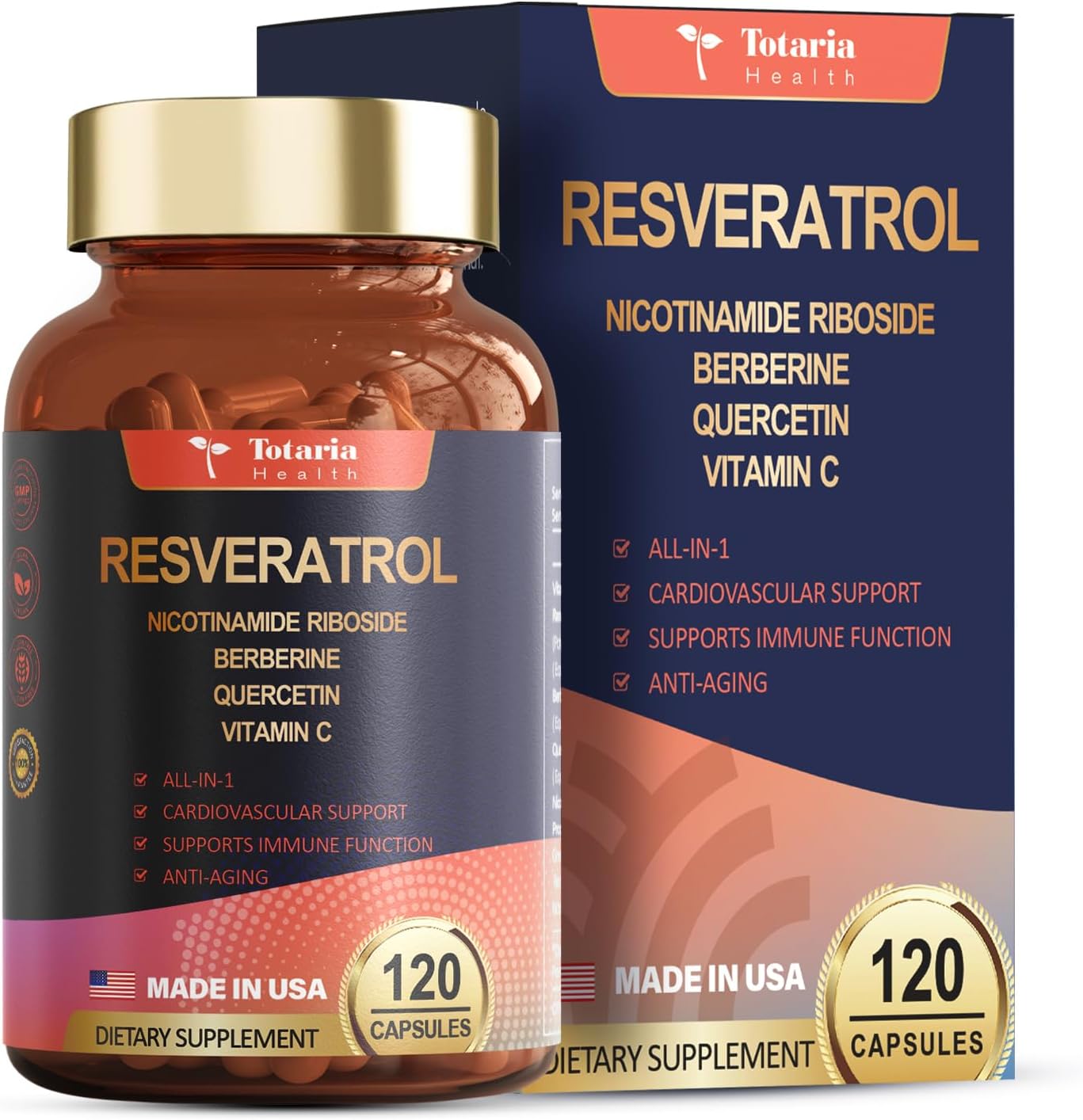 Extra Strength Totaria Resveratrol Supplement with Berberine, Quercetin, Green Tea Extract, Grape Seed Extract - 120 Capsules for Heart Health