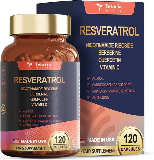 Extra Strength Totaria Resveratrol Supplement with Berberine, Quercetin, Green Tea Extract, Grape Seed Extract - 120 Capsules for Heart Health