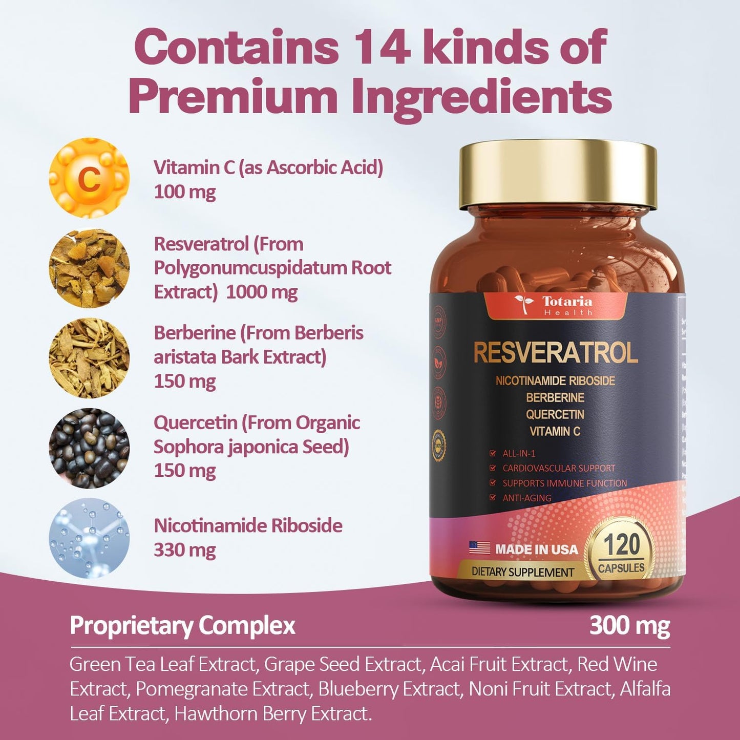 Extra Strength Totaria Resveratrol Supplement with Berberine, Quercetin, Green Tea Extract, Grape Seed Extract - 120 Capsules for Heart Health