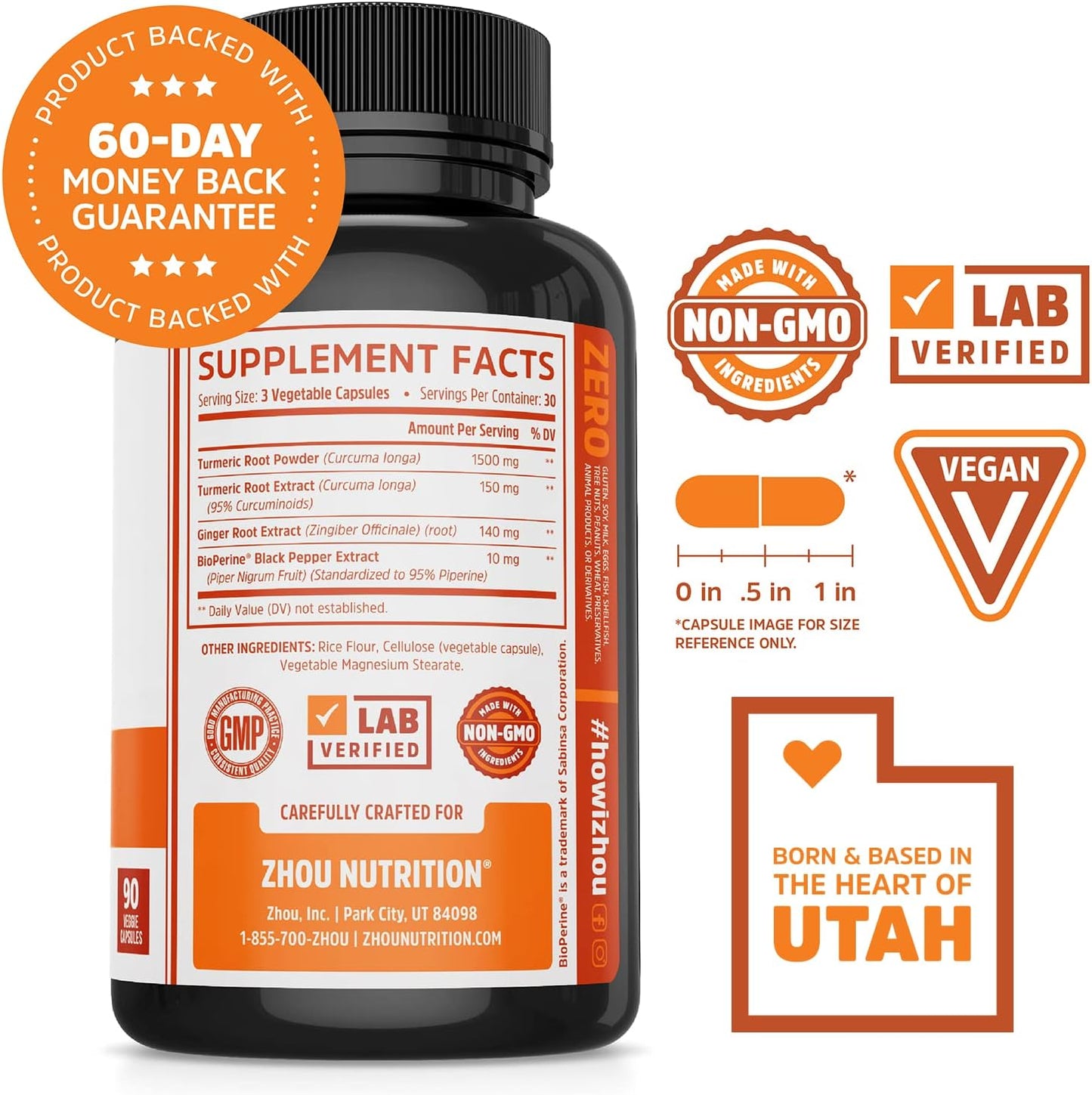 Extra Strength Turmeric Curcumin and Ginger Capsules with Bioperine - 1800mg for Joint Comfort - Non-GMO - 90 Veggie Capsules