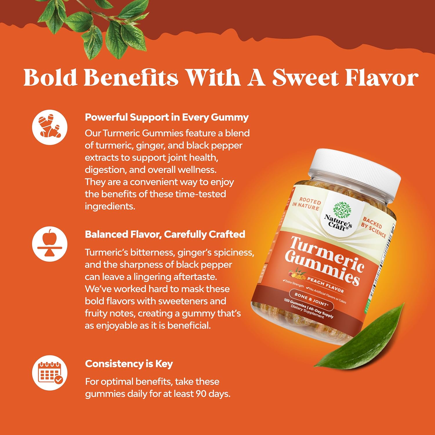 Extra Strength Turmeric Gummies with Black Pepper Extract and Ginger - Peach Flavored Joint Support for Adults with Turmeric Curcumin - Ginger Peach Vitamins for Adults