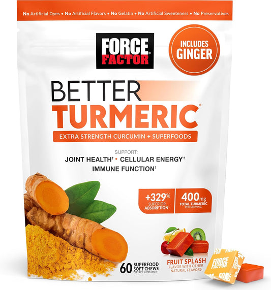 Extra Strength Turmeric Supplement with Black Pepper & Ginger for Joint Support - 60 Fruit Splash Chews for Superior Absorption