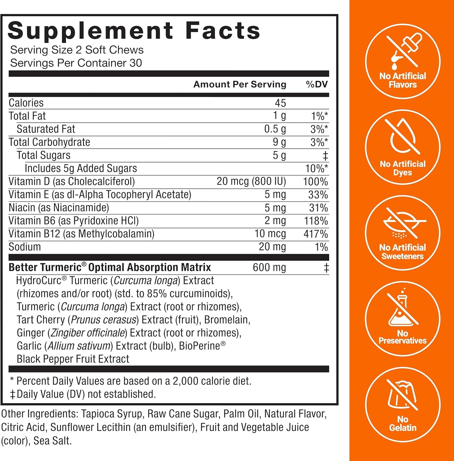 Extra Strength Turmeric Supplement with Black Pepper & Ginger for Joint Support - 60 Fruit Splash Chews for Superior Absorption