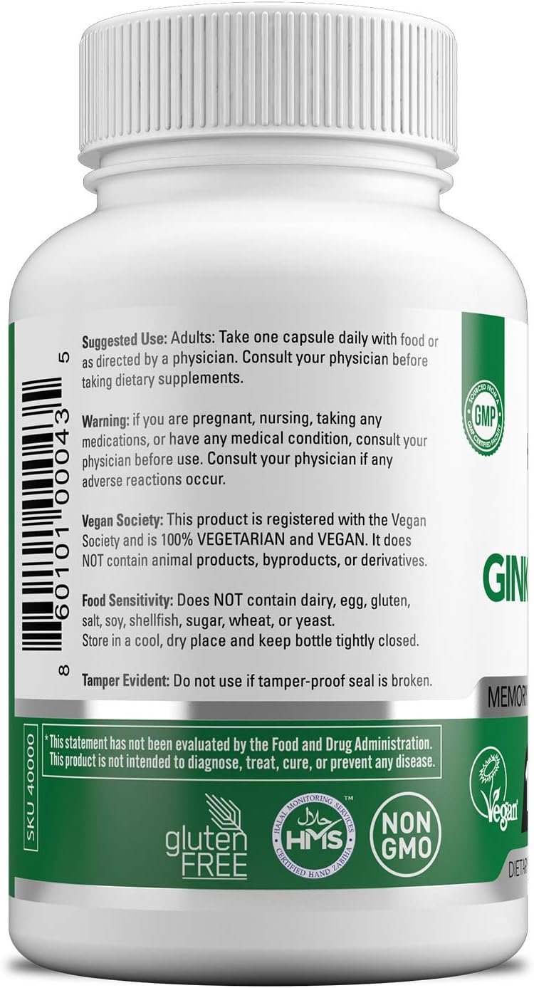 Extra Strength Vegan Ginkgo Biloba Vitamins - 500 MG per Serving for Brain Function, Memory Support - 120 Capsules, Halal Certified - USA Made