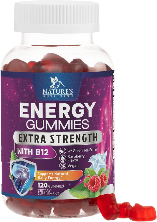 Extra Strength Vitamin B12 Energy Gummies with Green Tea Caffeine Support - 1000 mcg, Berry Flavor - 120 Chews for Cycling & Running