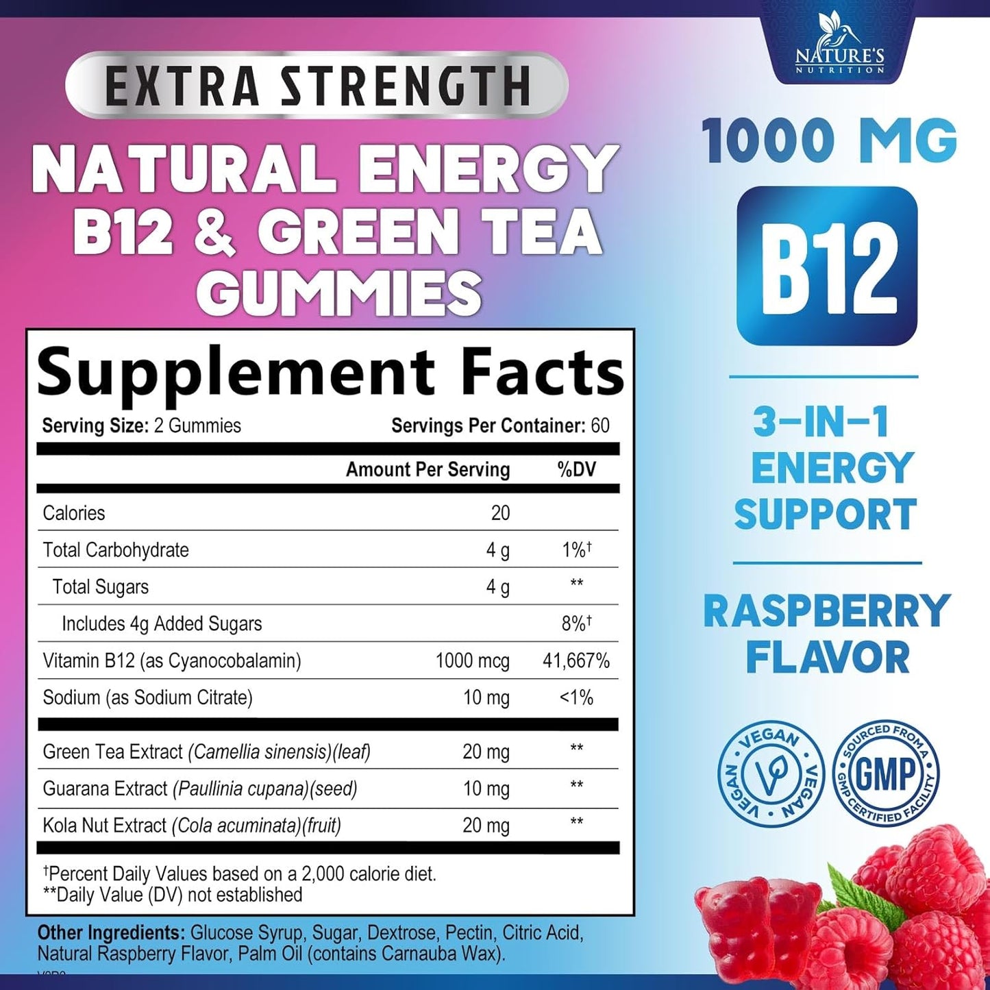 Extra Strength Vitamin B12 Energy Gummies with Green Tea Caffeine Support - 1000 mcg, Berry Flavor - 120 Chews for Cycling & Running
