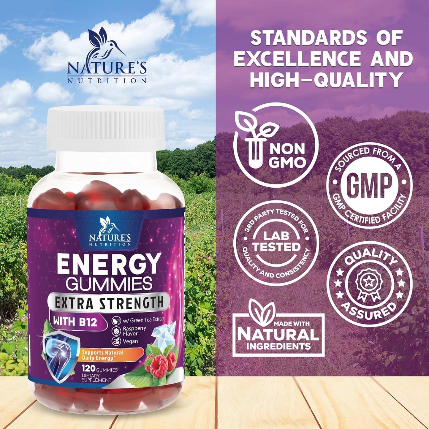 Extra Strength Vitamin B12 Energy Gummies with Green Tea Caffeine Support - 1000 mcg, Berry Flavor - 120 Chews for Cycling & Running