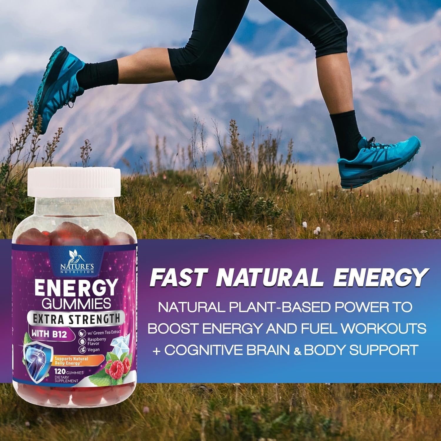 Extra Strength Vitamin B12 Energy Gummies with Green Tea Caffeine Support - 1000 mcg, Berry Flavor - 120 Chews for Cycling & Running