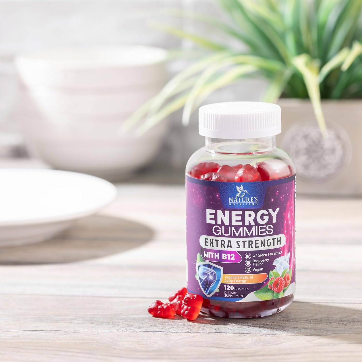 Extra Strength Vitamin B12 Energy Gummies with Green Tea Caffeine Support - 1000 mcg, Berry Flavor - 120 Chews for Cycling & Running