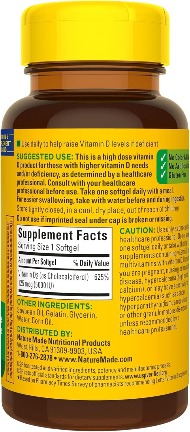 Extra Strength Vitamin D3 5000 IU Softgels for Bone, Teeth, Muscle & Immune Health Support - 90 Day Supply