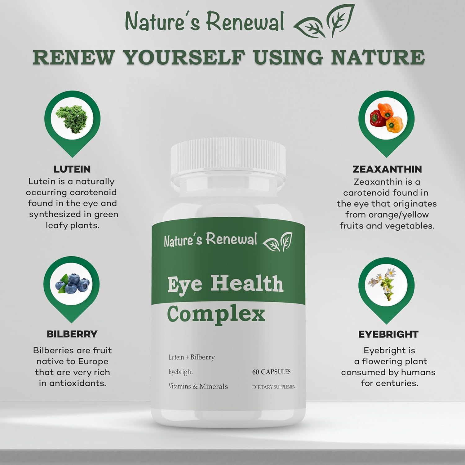 Eye Health Complex Supplement with Lutein, Zeaxanthin, Lycopene, Bilberry, Eyebright, Carotenoids - Macular Support, Sight Care, Vision Antioxidants - 60 Capsules