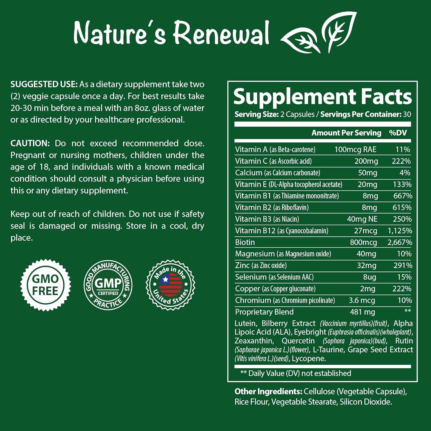 Eye Health Complex Supplement with Lutein, Zeaxanthin, Lycopene, Bilberry, Eyebright, Carotenoids - Macular Support, Sight Care, Vision Antioxidants - 60 Capsules