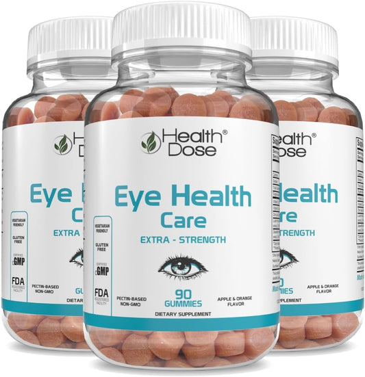 Eye Health Gummies with Lutein & Zeaxanthin for Eye Strain, Dry Eyes & Visual Performance - Apple & Orange Flavor - 90 Gummies - Pack of 3