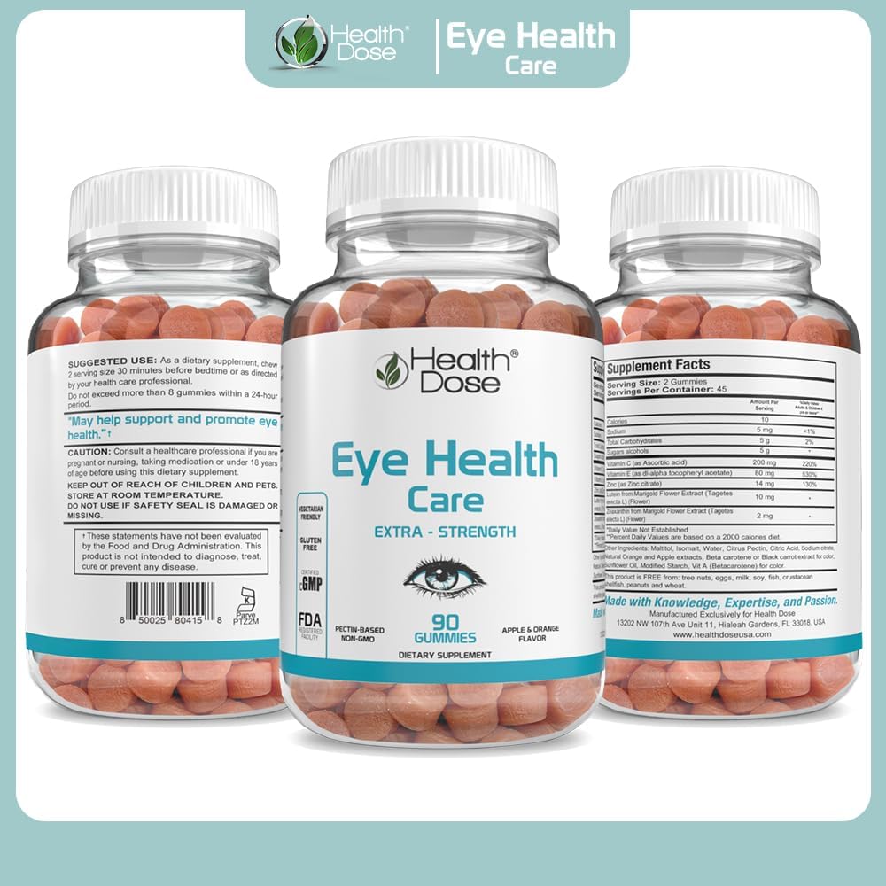 Eye Health Gummies with Lutein & Zeaxanthin for Eye Strain, Dry Eyes & Visual Performance - Apple & Orange Flavor - 90 Gummies - Pack of 3