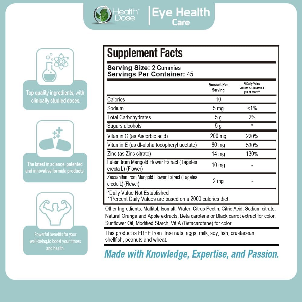 Eye Health Gummies with Lutein & Zeaxanthin for Eye Strain, Dry Eyes & Visual Performance - Apple & Orange Flavor - 90 Gummies - Pack of 3