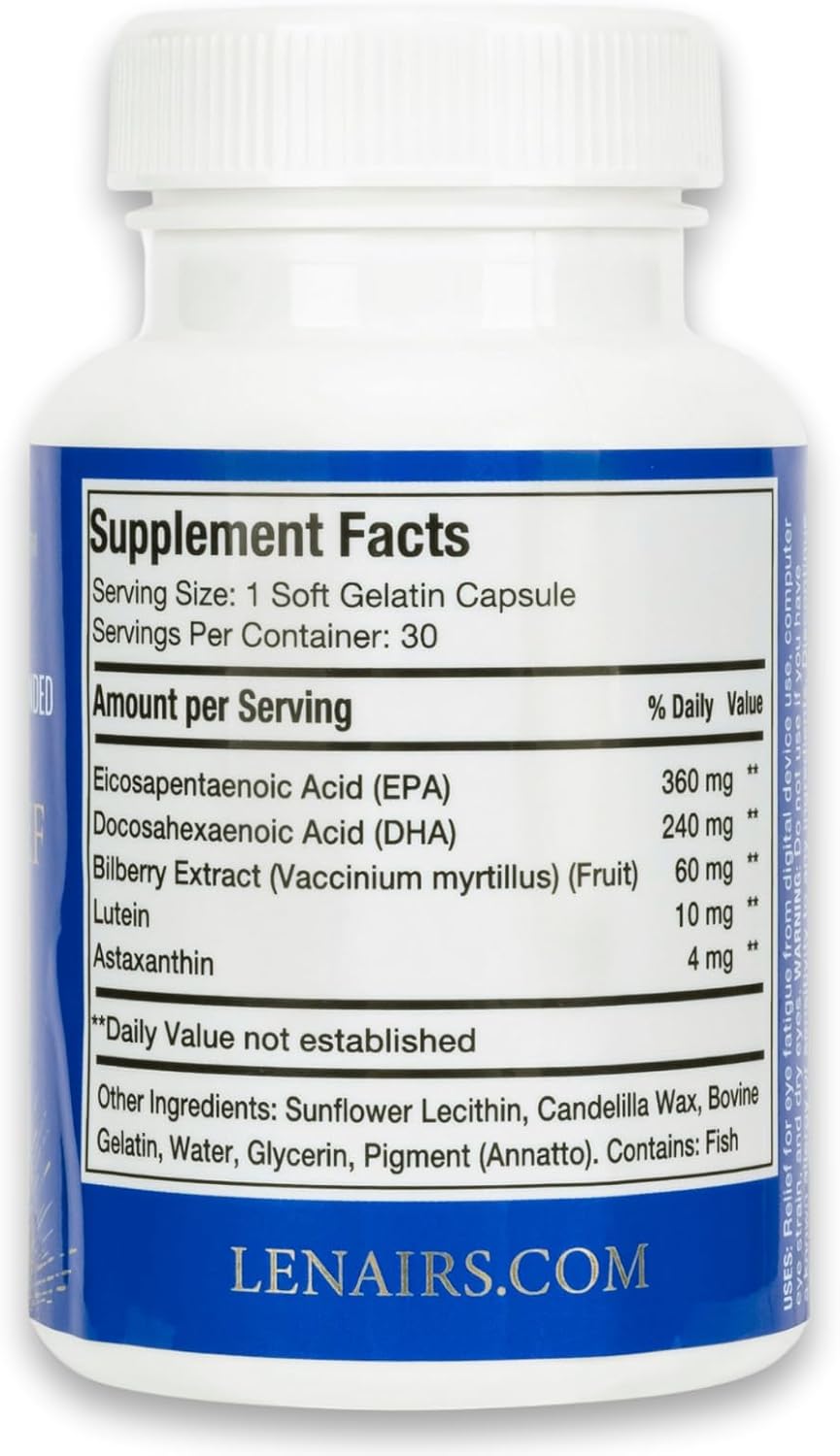 Eye Health Softgels - Relief for Tired & Dry Eyes with Omega 3, EPA & DHA, Bilberry, Lutein, Astaxanthin - Ideal for Computer Eye Strain and Digital Fatigue - Gluten Free