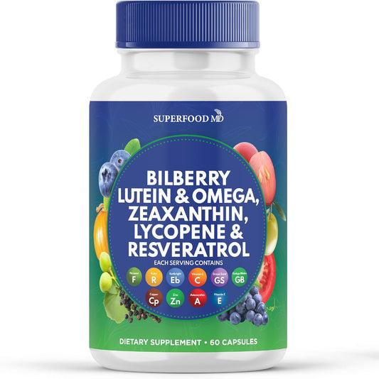 Eye Health Superfood Supplement with Bilberry, Lutein, Zeaxanthin, Resveratrol, Grape Seed Extract, Astaxanthin - AREDS 2 Eye Vitamins - 60 Capsules