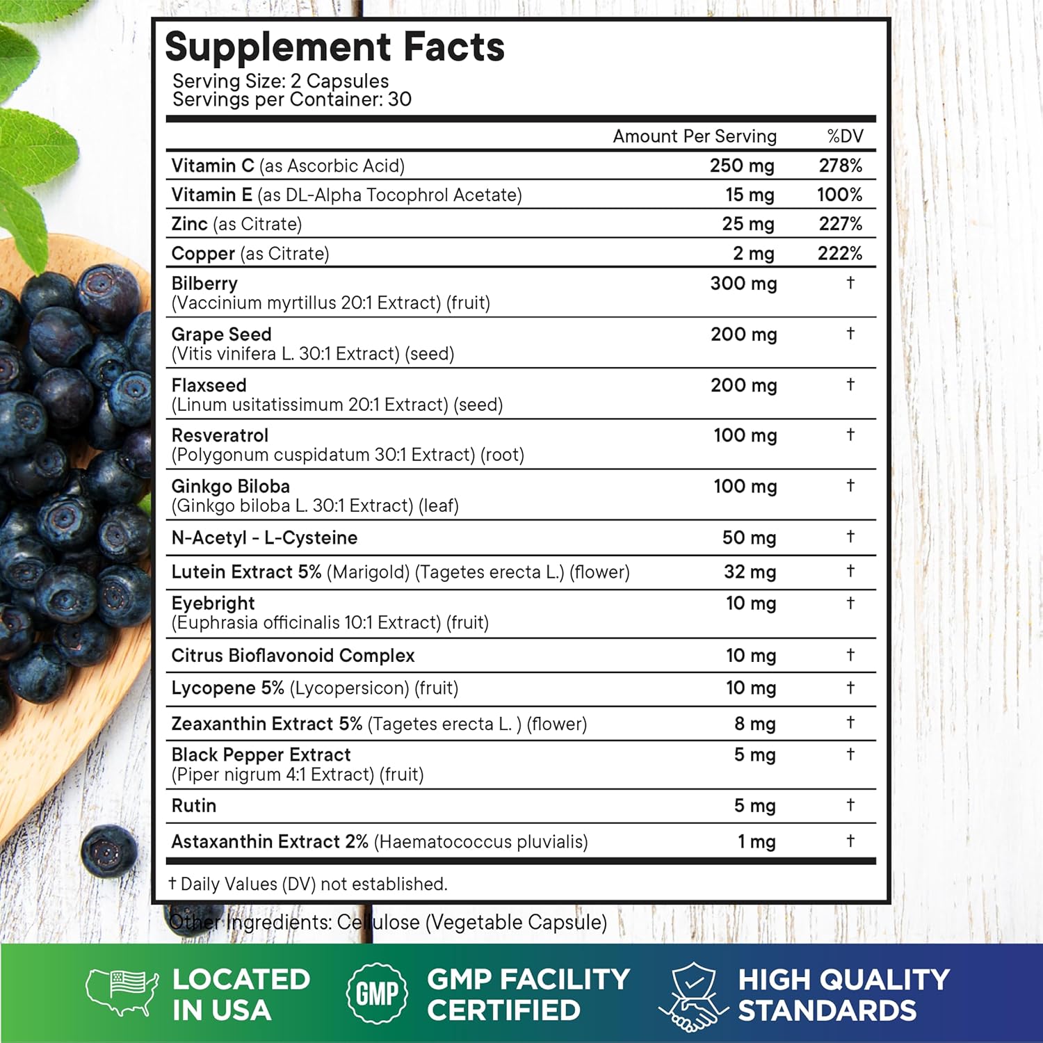 Eye Health Superfood Supplement with Bilberry, Lutein, Zeaxanthin, Resveratrol, Grape Seed Extract, Astaxanthin - AREDS 2 Eye Vitamins - 60 Capsules