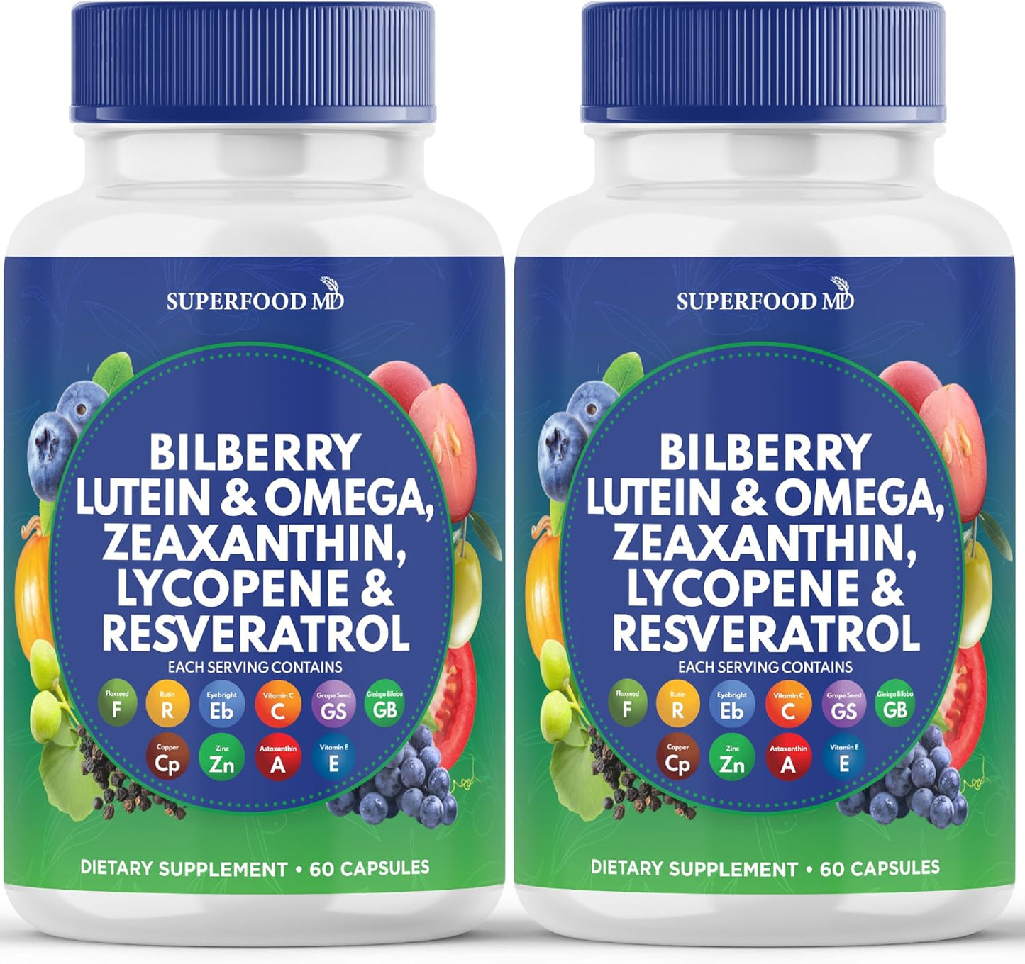 Eye Health Superfood Vitamins with Bilberry, Lutein, Zeaxanthin, Resveratrol, Grape Seed Extract, Astaxanthin - AREDS 2 Formula - 120 Capsules