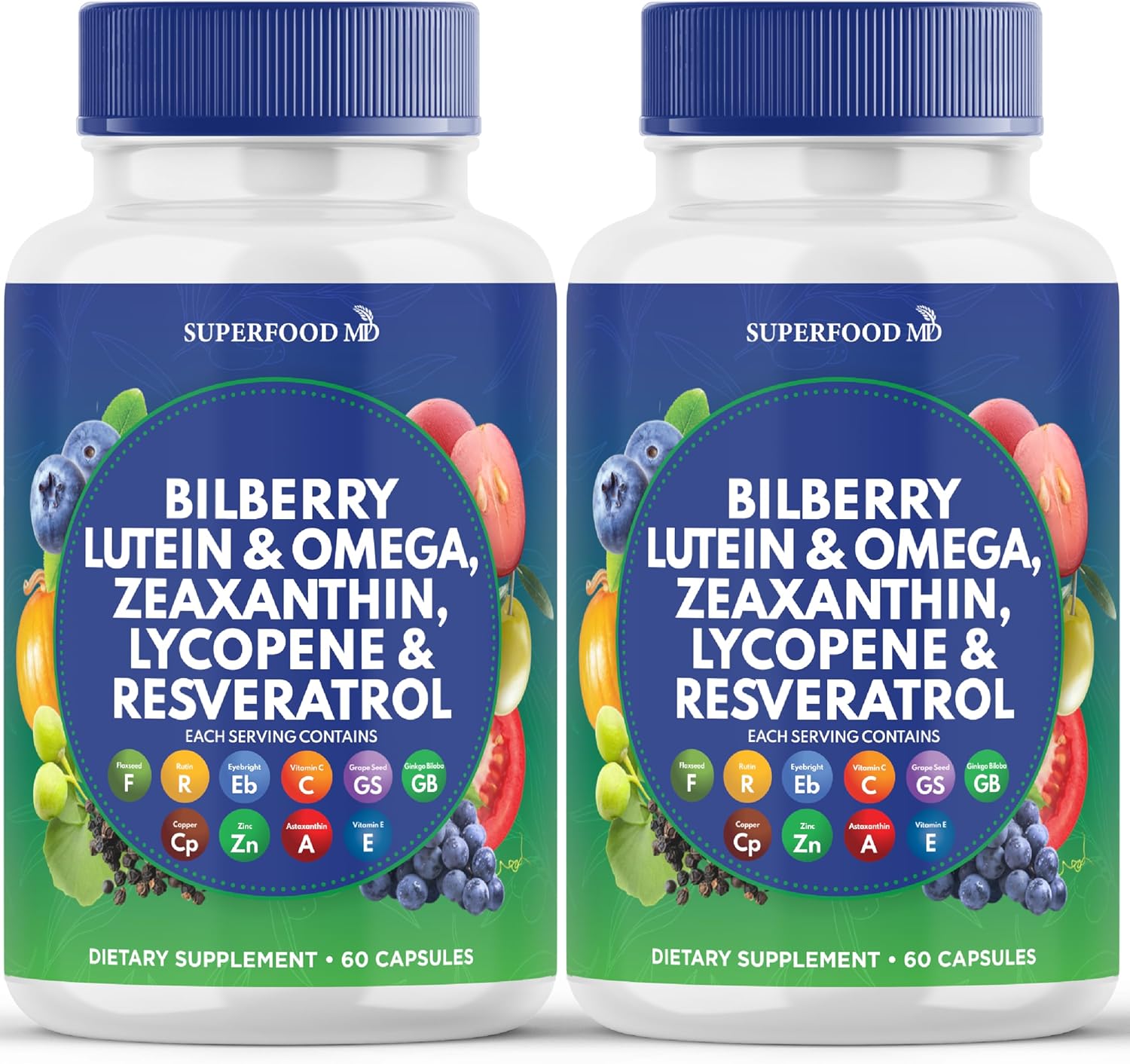 Eye Health Superfood Vitamins with Bilberry, Lutein, Zeaxanthin, Resveratrol, Grape Seed Extract, Astaxanthin - AREDS 2 Formula - 120 Capsules