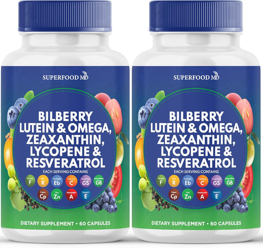 Eye Health Superfood Vitamins with Bilberry, Lutein, Zeaxanthin, Resveratrol, Grape Seed Extract, Astaxanthin - AREDS 2 Formula - 120 Capsules