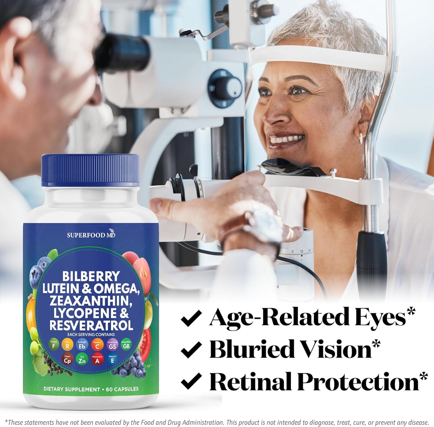 Eye Health Superfood Vitamins with Bilberry, Lutein, Zeaxanthin, Resveratrol, Grape Seed Extract, Astaxanthin - AREDS 2 Formula - 120 Capsules