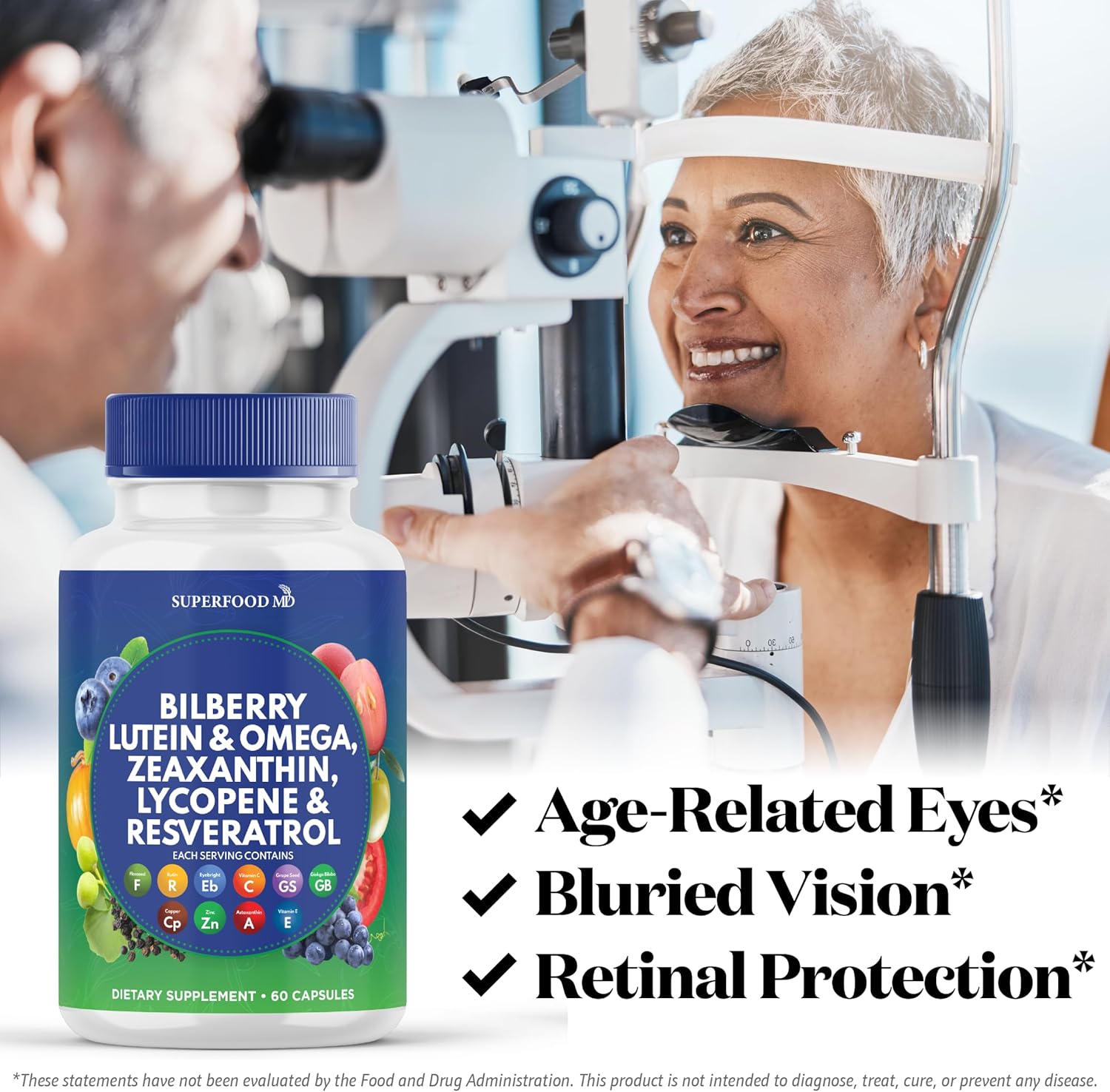 Eye Health Superfood Vitamins with Bilberry, Lutein, Zeaxanthin, Resveratrol, Grape Seed Extract, Astaxanthin - AREDS 2 Formula - 120 Capsules