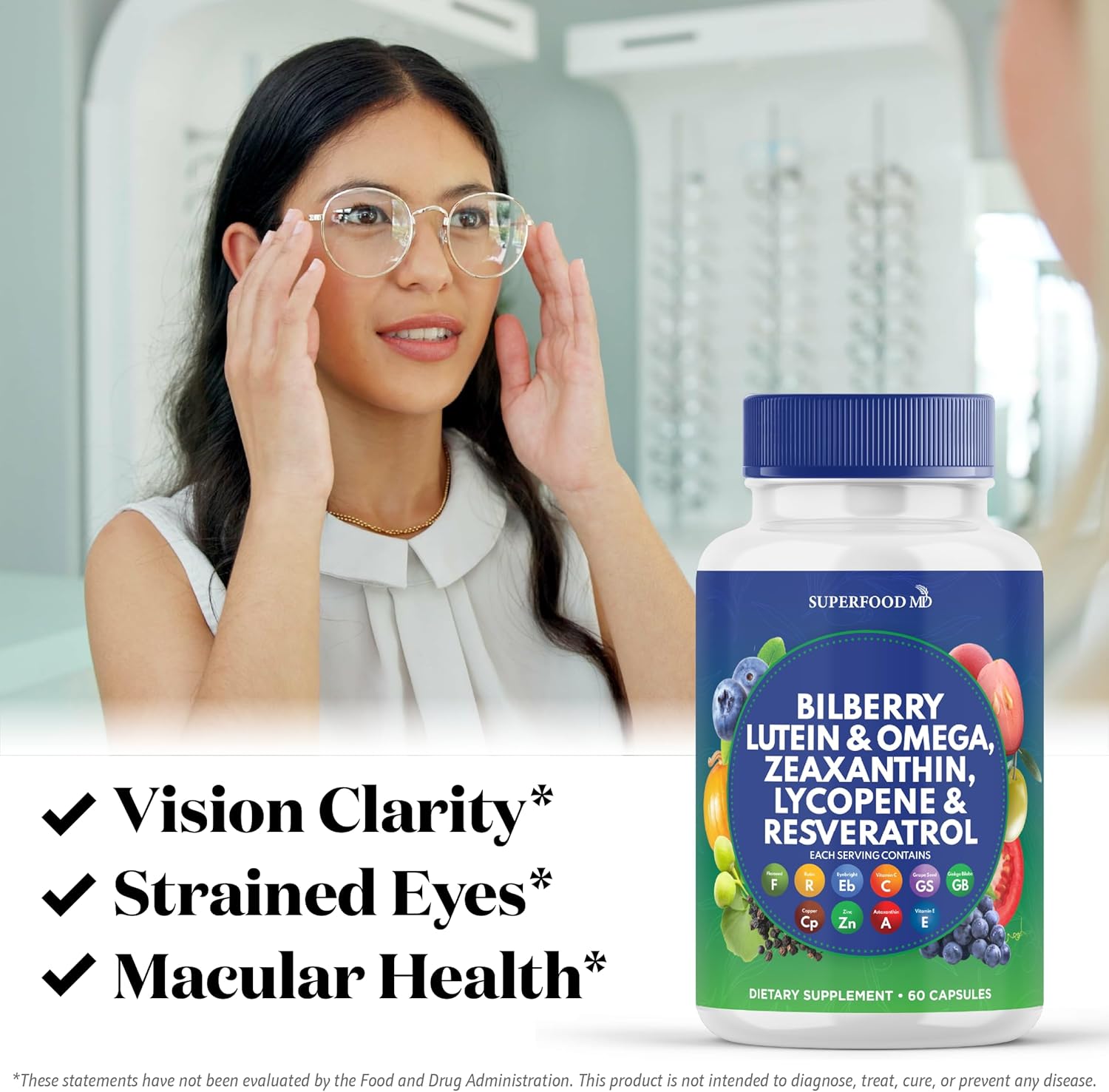 Eye Health Superfood Vitamins with Bilberry, Lutein, Zeaxanthin, Resveratrol, Grape Seed Extract, Astaxanthin - AREDS 2 Formula - 120 Capsules