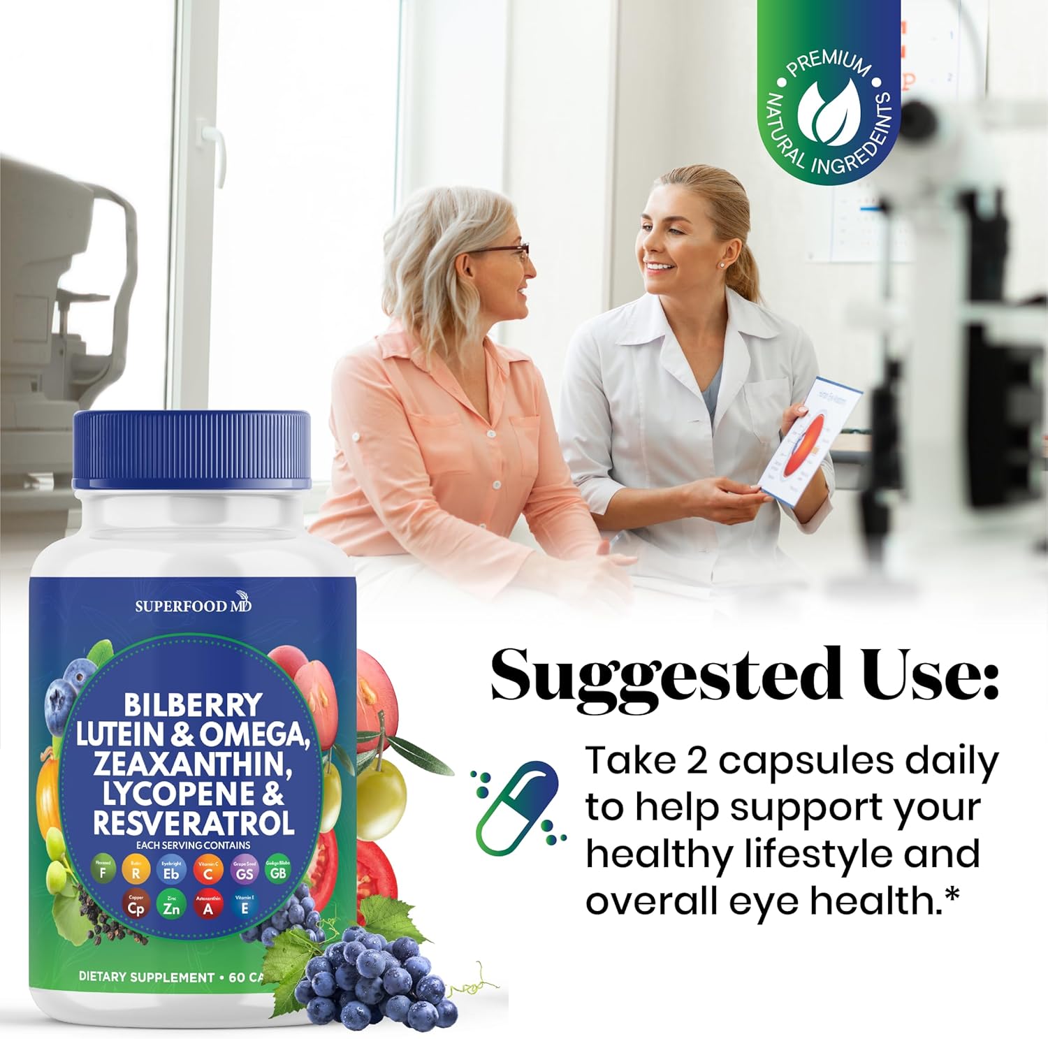 Eye Health Superfood Vitamins with Bilberry, Lutein, Zeaxanthin, Resveratrol, Grape Seed Extract, Astaxanthin - AREDS 2 Formula - 120 Capsules