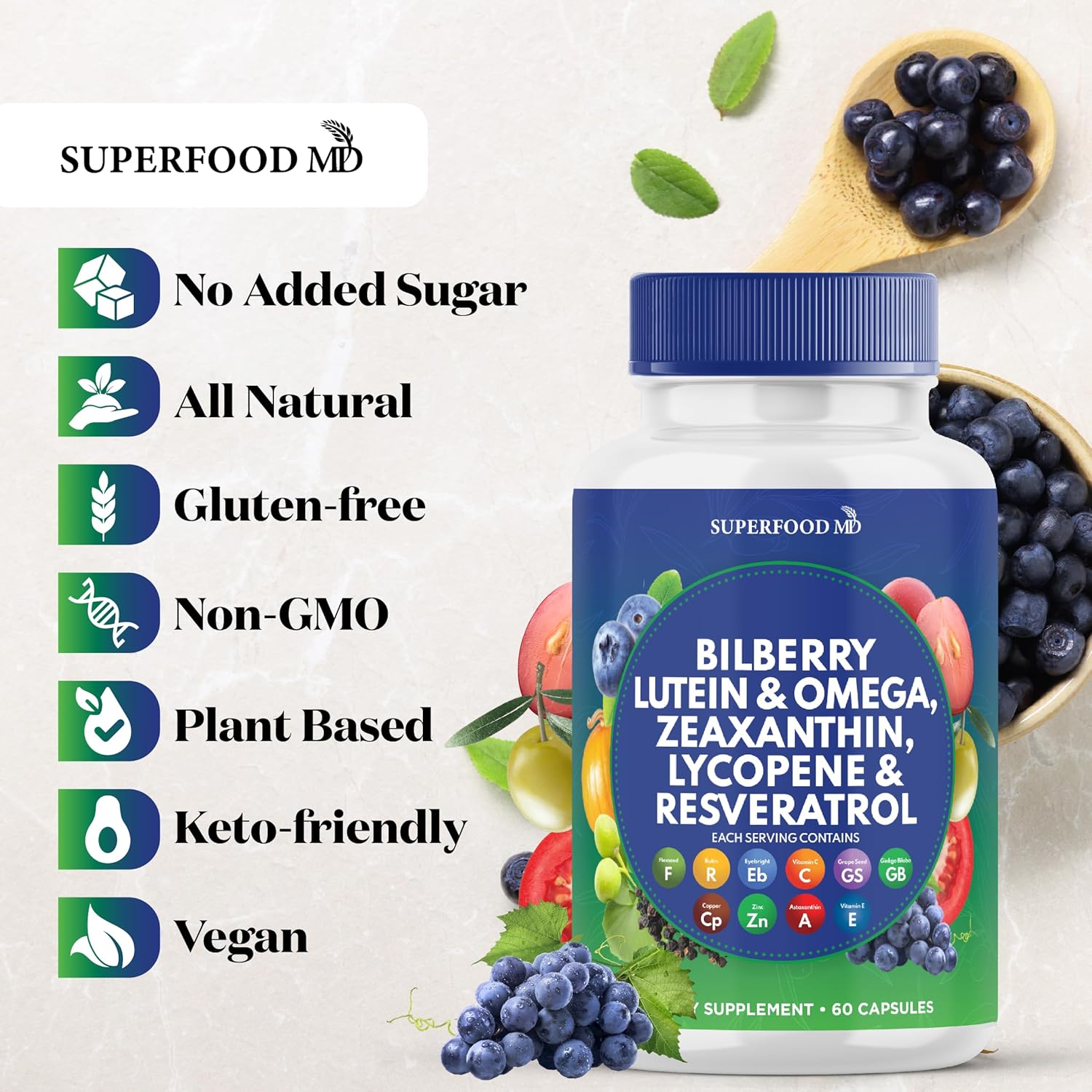 Eye Health Superfood Vitamins with Bilberry, Lutein, Zeaxanthin, Resveratrol, Grape Seed Extract, Astaxanthin - AREDS 2 Formula - 120 Capsules