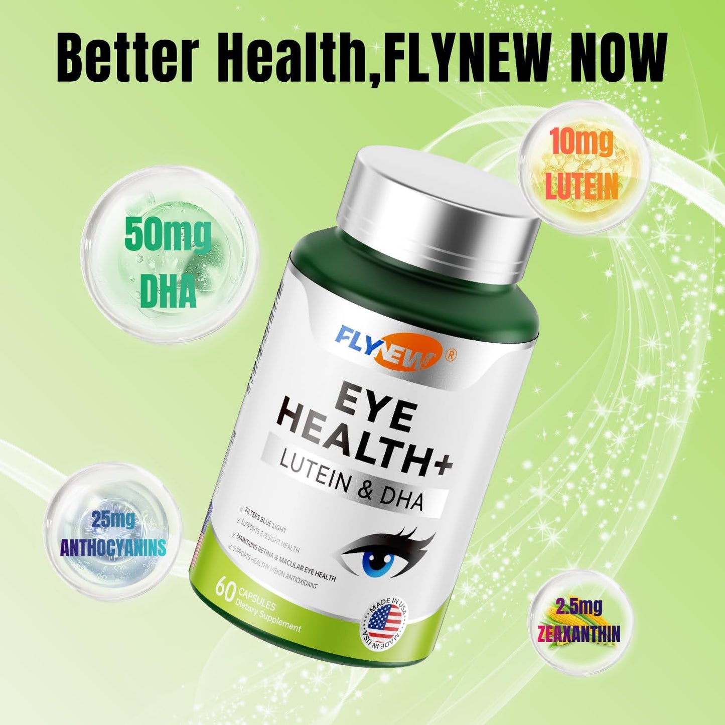 Eye Health Supplement with Lutein, DHA, Blueberry Extract, Zeaxanthin - 60 Capsules USA Made - Flynew Eye Care Formula