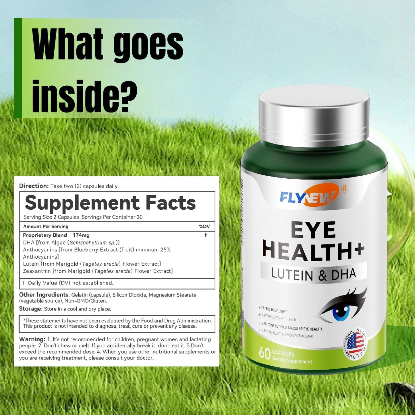 Eye Health Supplement with Lutein, DHA, Blueberry Extract, Zeaxanthin - 60 Capsules USA Made - Flynew Eye Care Formula