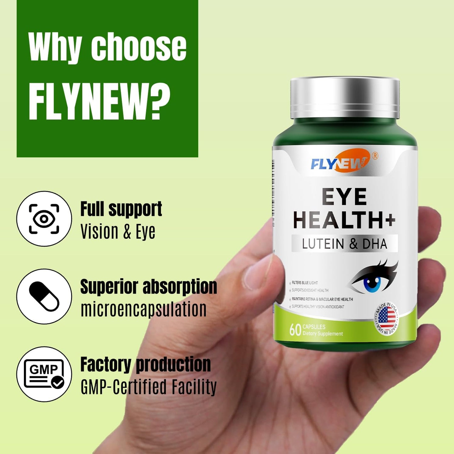 Eye Health Supplement with Lutein, DHA, Blueberry Extract, Zeaxanthin - 60 Capsules USA Made - Flynew Eye Care Formula