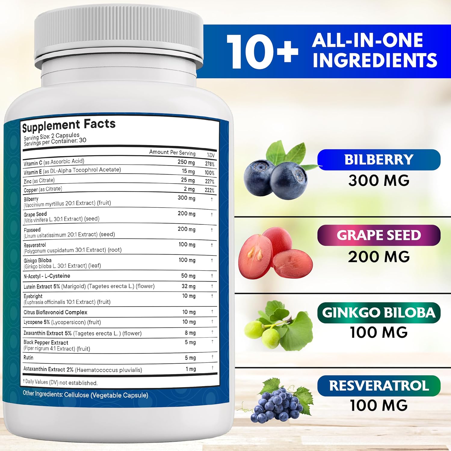 Eye Health Vitamin Supplement with Bilberry, Lutein, Zeaxanthin, Lycopene, Resveratrol, Grape Seed Extract, and Astaxanthin - 180 Count