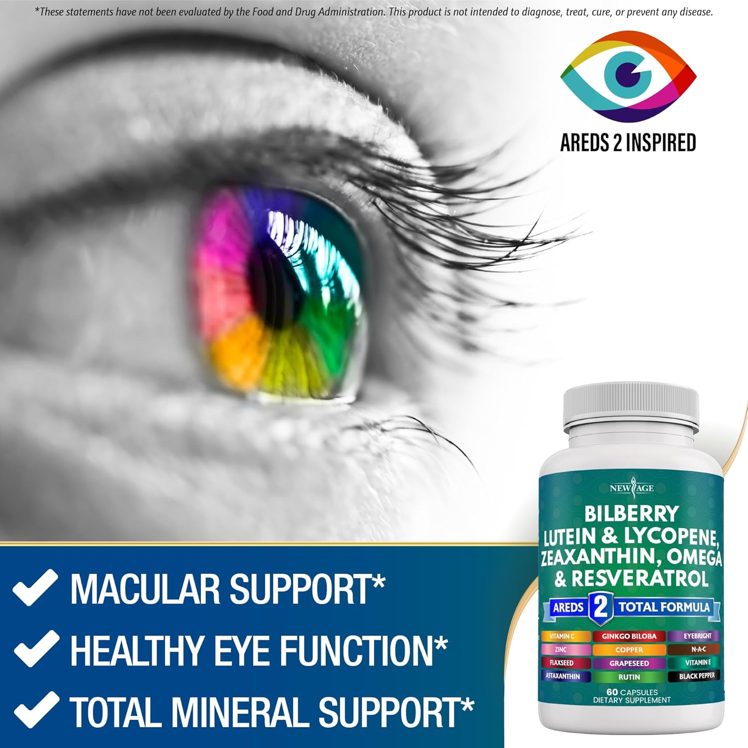 Eye Health Vitamin Supplement with Bilberry, Lutein, Zeaxanthin, Lycopene, Resveratrol, Grape Seed Extract, and Astaxanthin - 180 Count