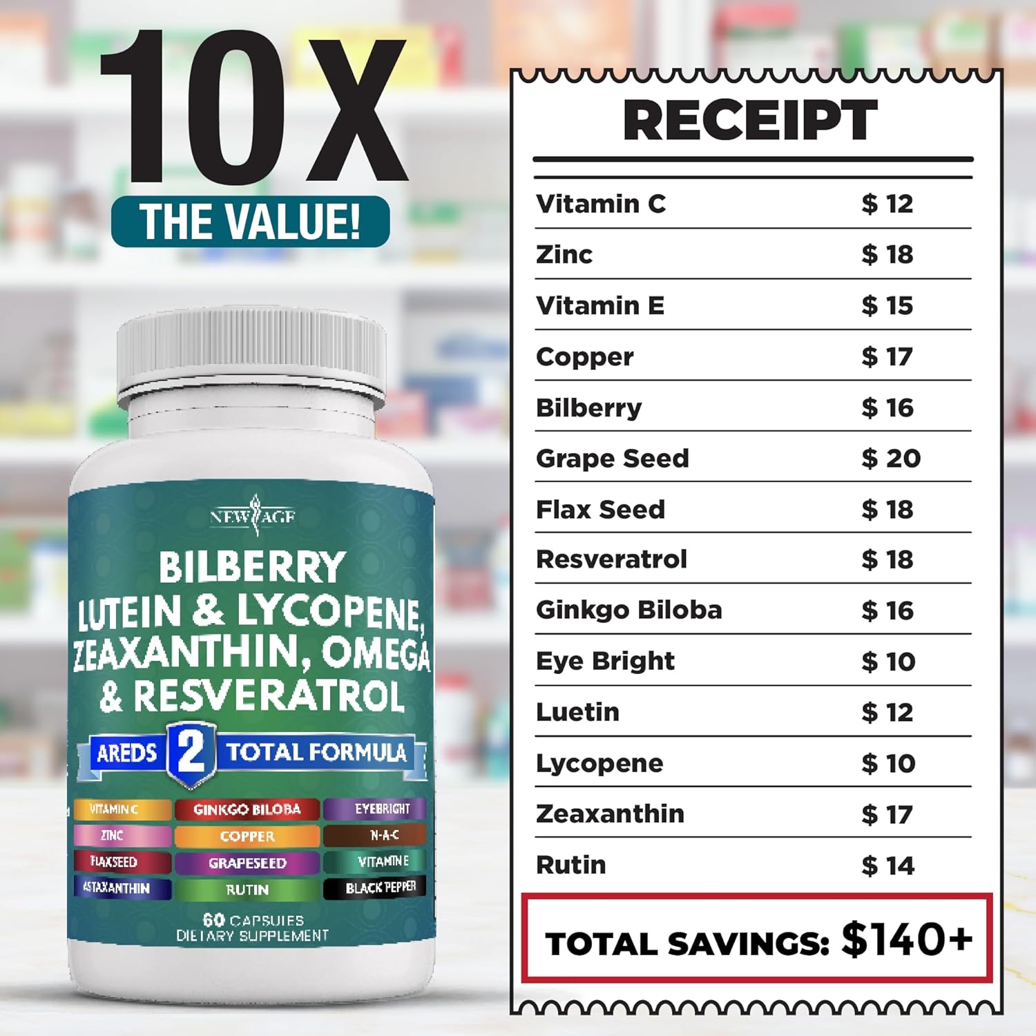 Eye Health Vitamin Supplement with Bilberry, Lutein, Zeaxanthin, Lycopene, Resveratrol, Grape Seed Extract, and Astaxanthin - 180 Count