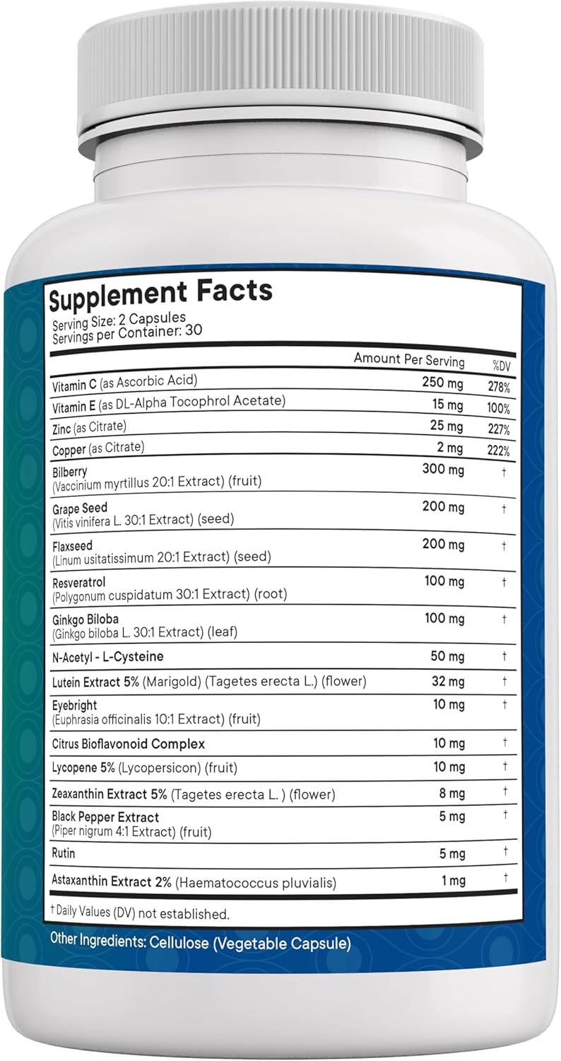 Eye Health Vitamin Supplement with Bilberry, Lutein, Zeaxanthin, Lycopene, Resveratrol, Grape Seed Extract, and Astaxanthin - 180 Count